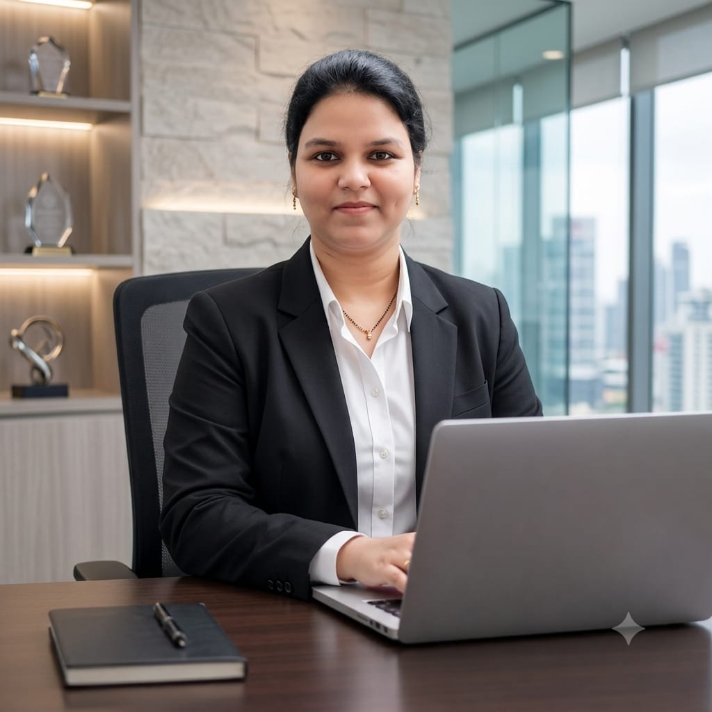 Confident Indian female entrepreneur working on a laptop